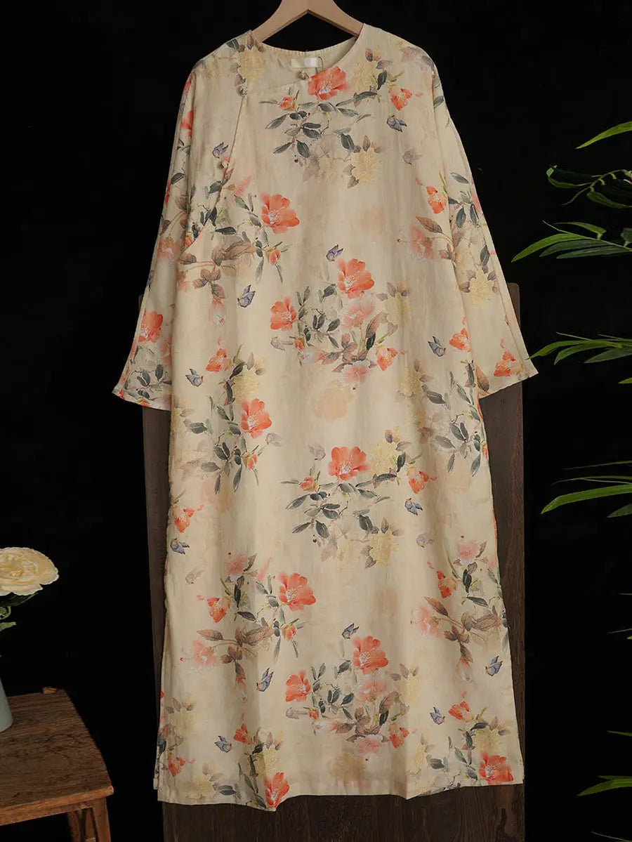 Women Artsy Flower Spring Ramie O-Neck Robe Dress Ada Fashion