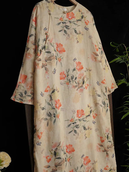 Women Artsy Flower Spring Ramie O-Neck Robe Dress Ada Fashion