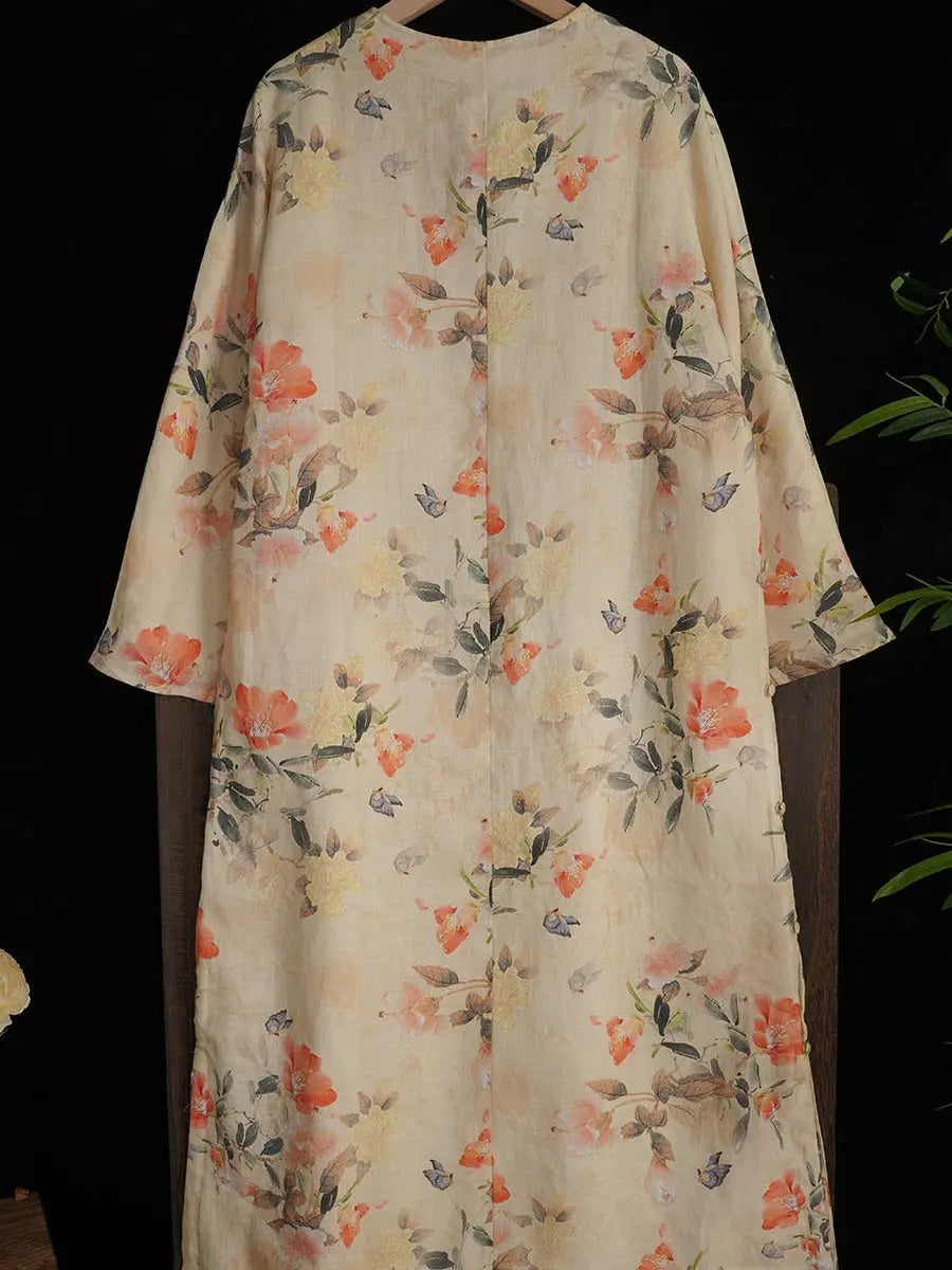 Women Artsy Flower Spring Ramie O-Neck Robe Dress Ada Fashion