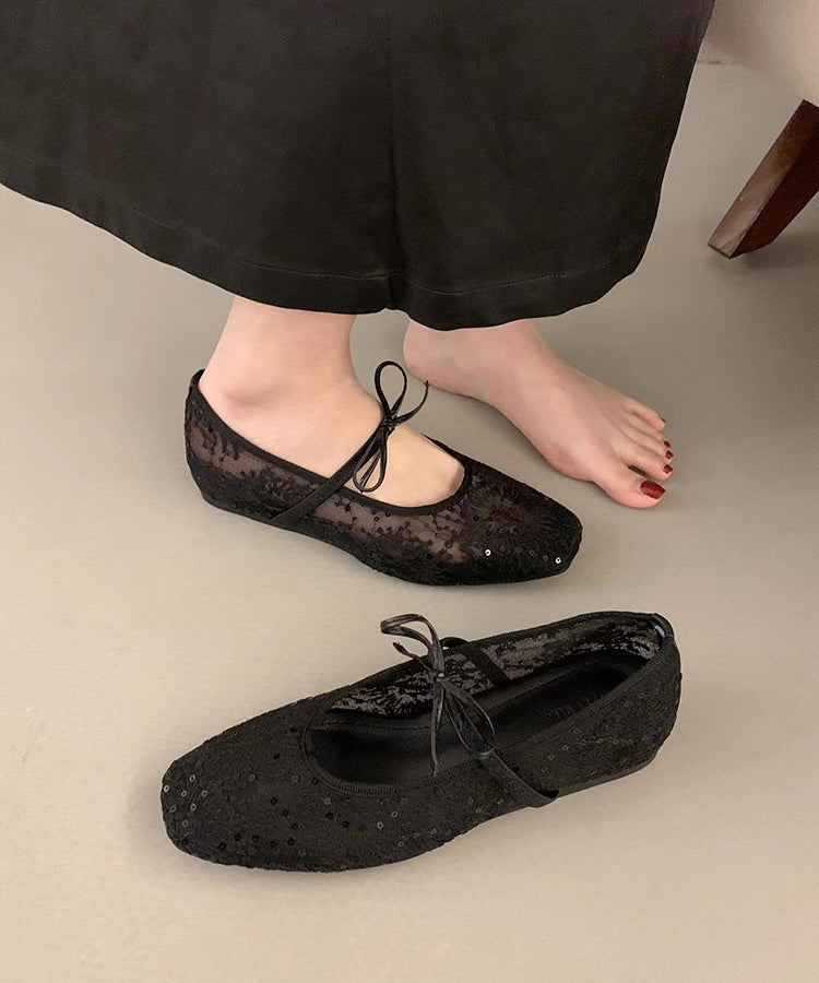 Chaussures plates brodées en maille respirante avec nœud pour femme, beiges
