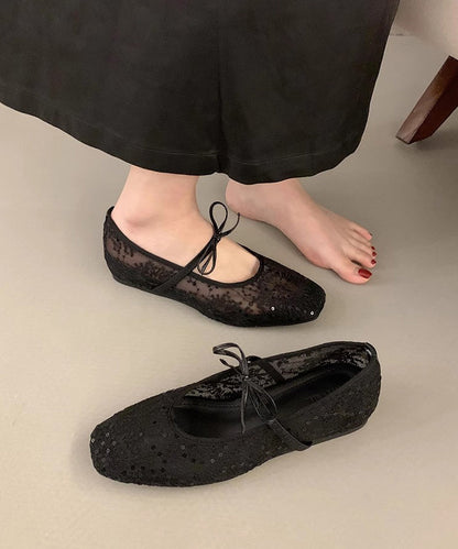Chaussures plates brodées en maille respirante avec nœud pour femme, beiges
