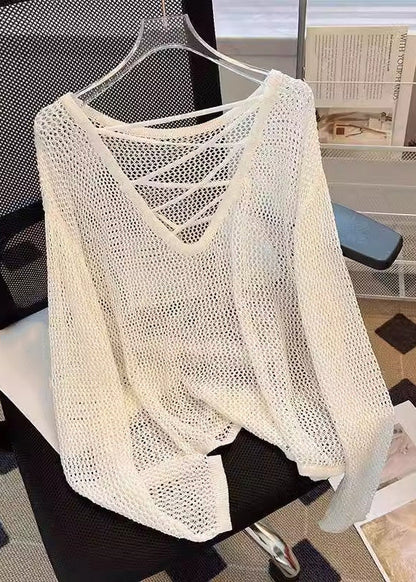Hauts beiges unis d'été pour femmes en tricot ajouré