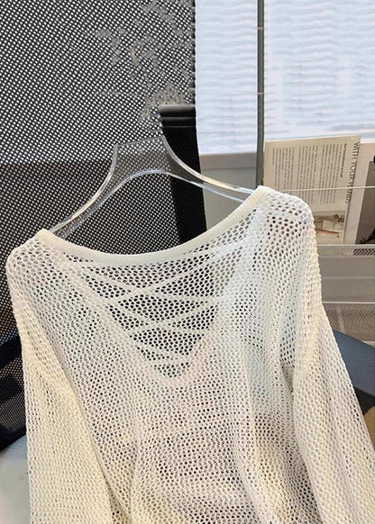 Hauts beiges unis d'été pour femmes en tricot ajouré