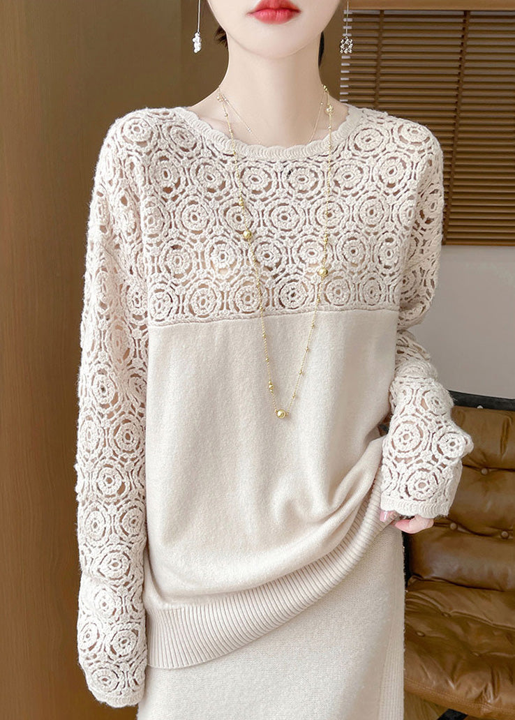 Women Beige Hollow Out Solid Wool Knit Sweater Winter WQ038