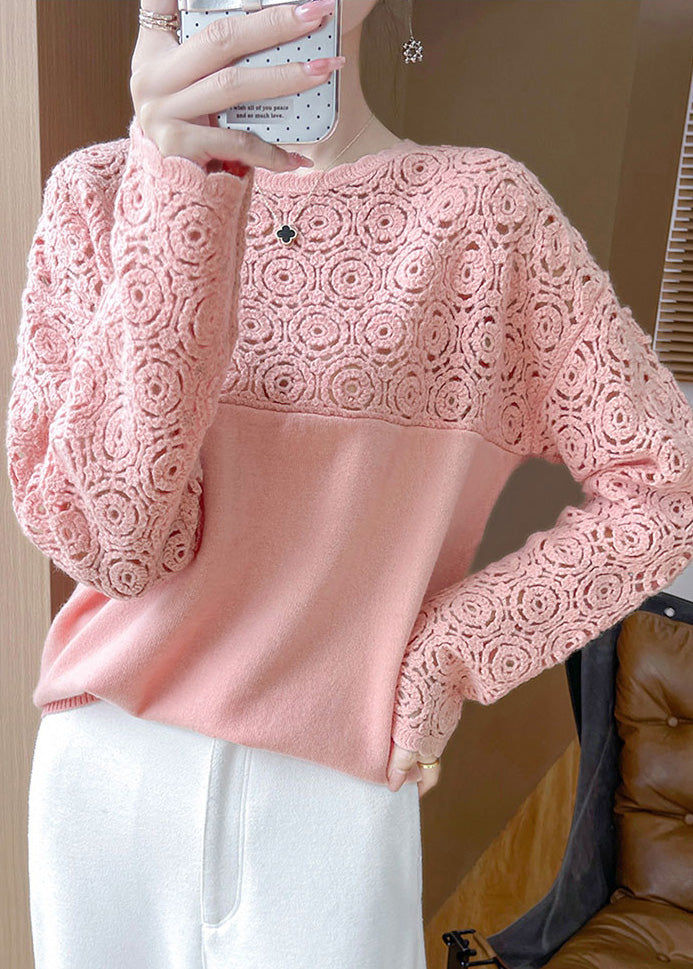 Women Beige Hollow Out Solid Wool Knit Sweater Winter WQ038