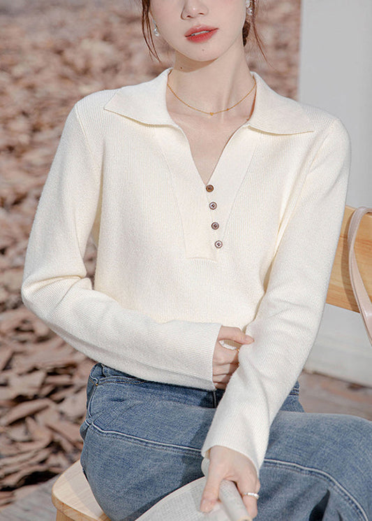 Pull beige en tricot à boutons et col Peter Pan pour femme, printemps TF033