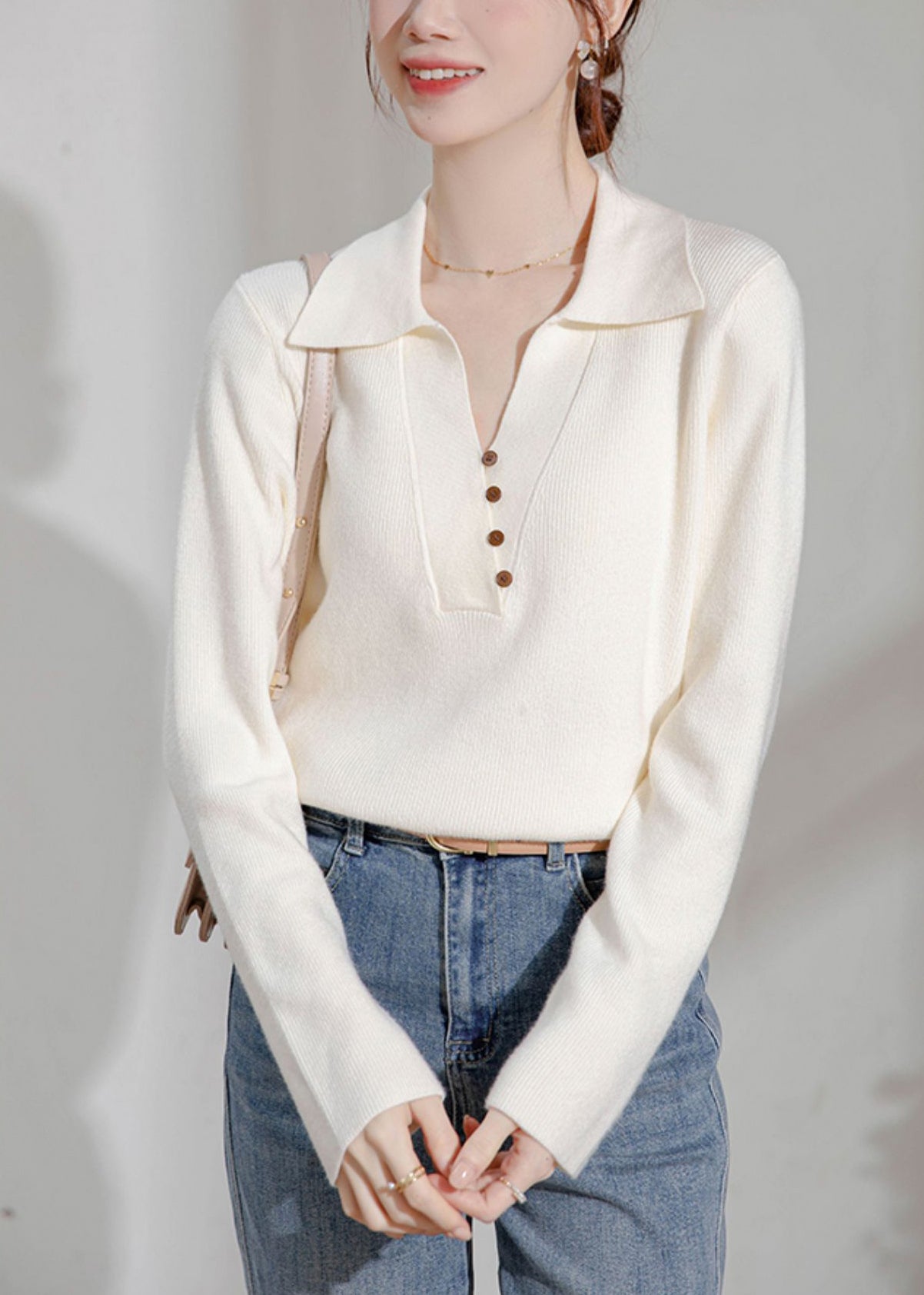 Pull beige en tricot à boutons et col Peter Pan pour femme, printemps TF033