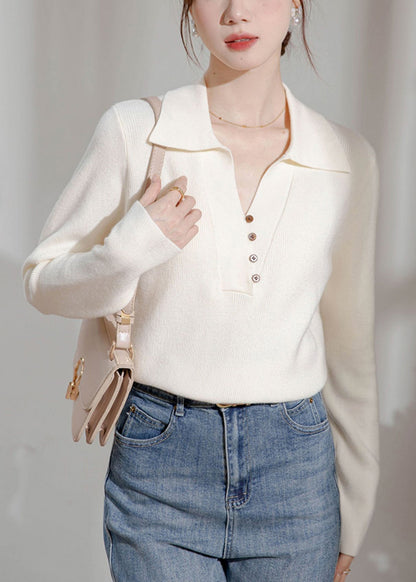 Pull beige en tricot à boutons et col Peter Pan pour femme, printemps TF033