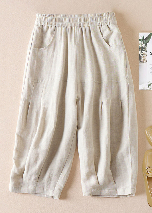 Women Beige Pockets Wrinkled Elastic Waist Cotton Shorts Summer AM1039