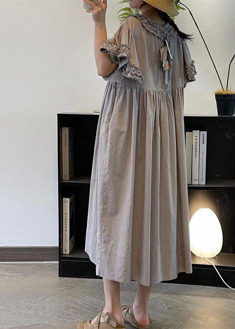 Women Beige Ruffled Patchwork Cotton Long Dresses Summer FF008