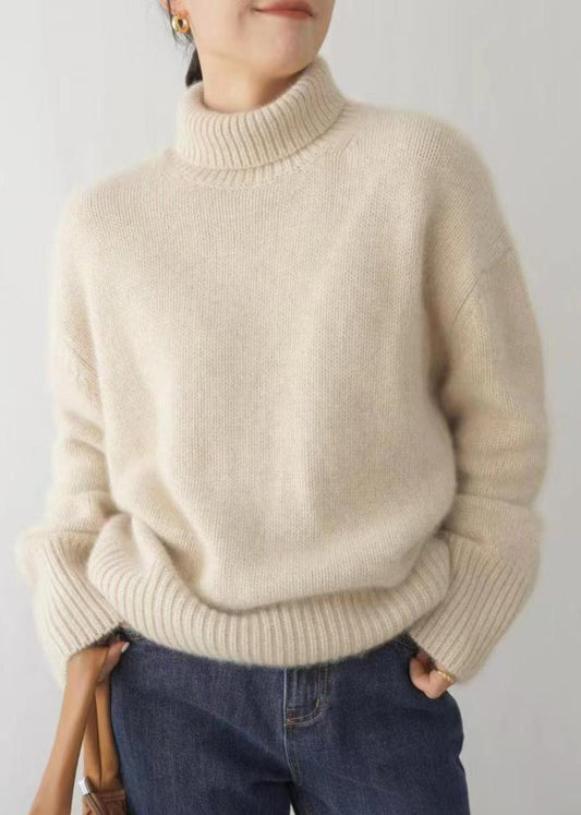 Pull beige à col roulé pour femme, tricot uni, hiver TF032