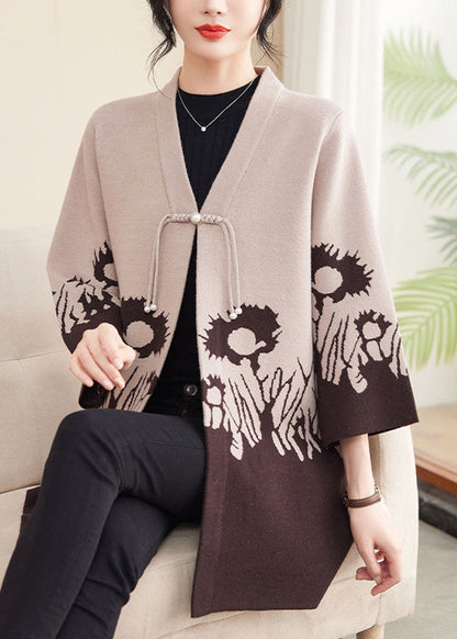 Damen Beige V-Ausschnitt Baumwolle Strick Cardigans Frühling TA006