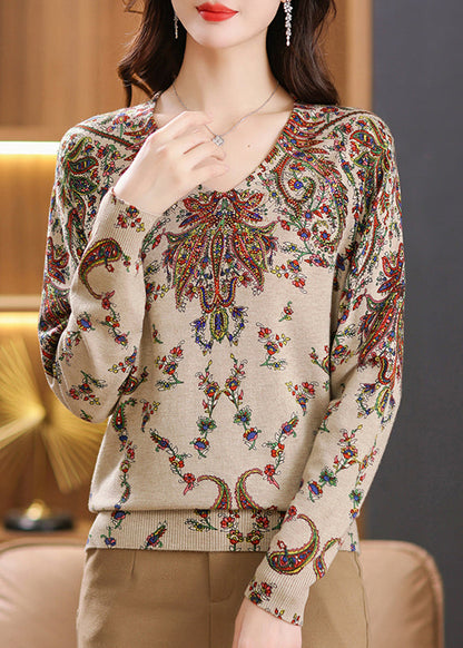 Frauen Beige V-Ausschnitt Zirkon Print Wollpullover Tops Frühling TQ001
