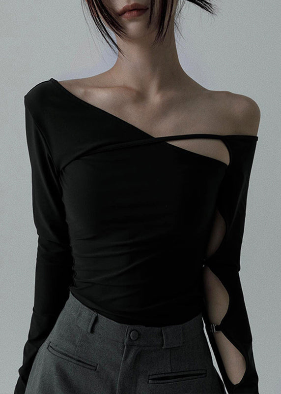 Frauen Schwarz Asymmetrische Aushöhlen Baumwolle Tanz T Shirt Frühling YZ040