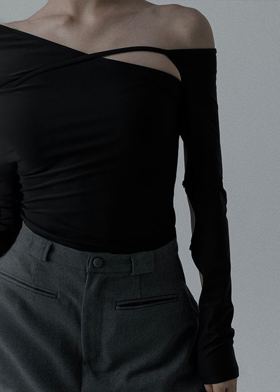 Frauen Schwarz Asymmetrische Aushöhlen Baumwolle Tanz T Shirt Frühling YZ040