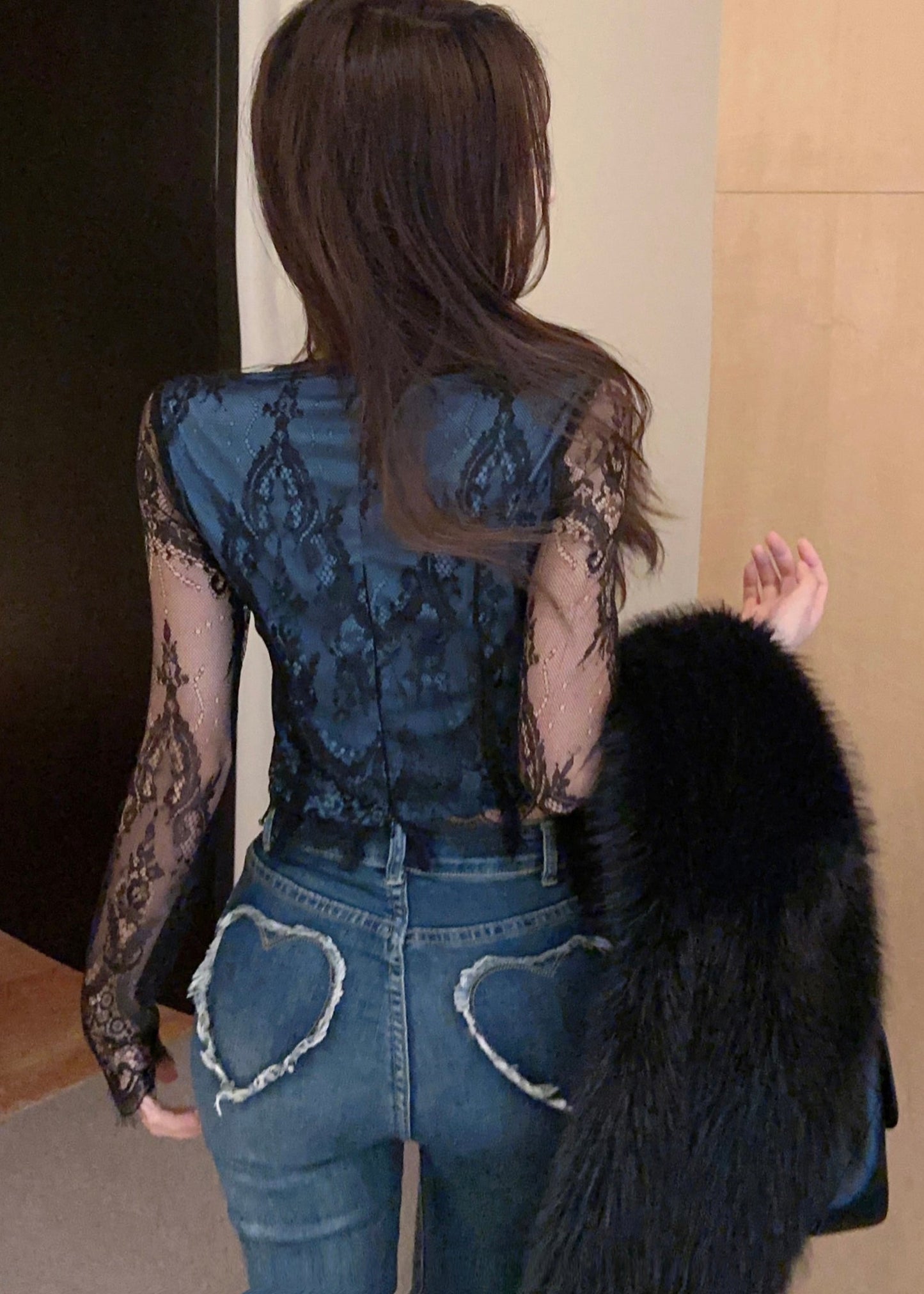 Frauen Schwarz Aushöhlen Patchwork Spitze Tops YP016