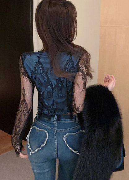 Frauen Schwarz Aushöhlen Patchwork Spitze Tops YP016