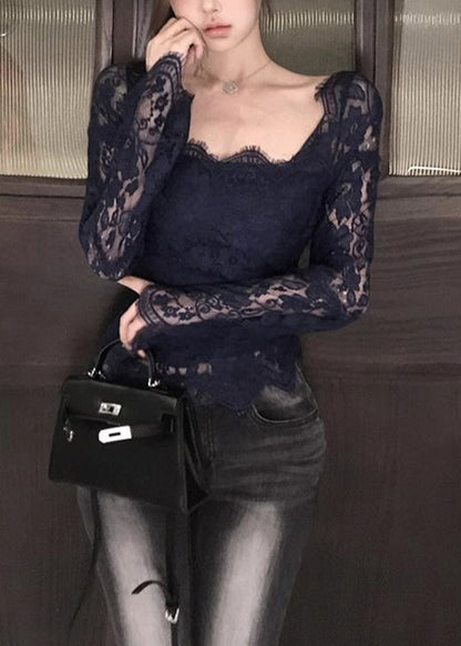 Frauen Schwarz Aushöhlen Sexy Spitze Wimpern Tops Frühling YP020