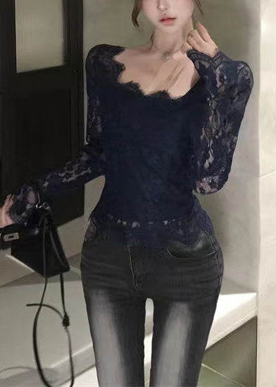Frauen Schwarz Aushöhlen Sexy Spitze Wimpern Tops Frühling YP020