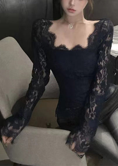 Frauen Schwarz Aushöhlen Sexy Spitze Wimpern Tops Frühling YP020
