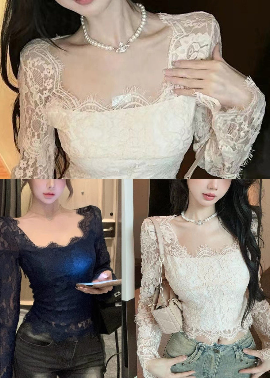 Frauen Schwarz Aushöhlen Sexy Spitze Wimpern Tops Frühling YP020