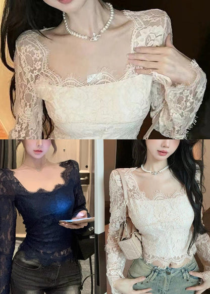 Frauen Schwarz Aushöhlen Sexy Spitze Wimpern Tops Frühling YP020