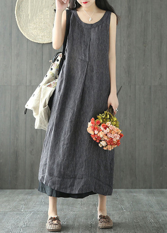 Women Black O Neck Pockets Linen Long Dresses Sleeveless FF064