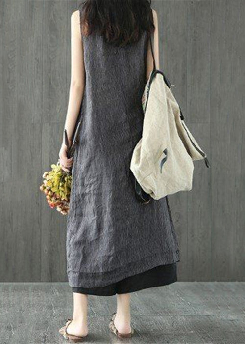 Women Black O Neck Pockets Linen Long Dresses Sleeveless FF064