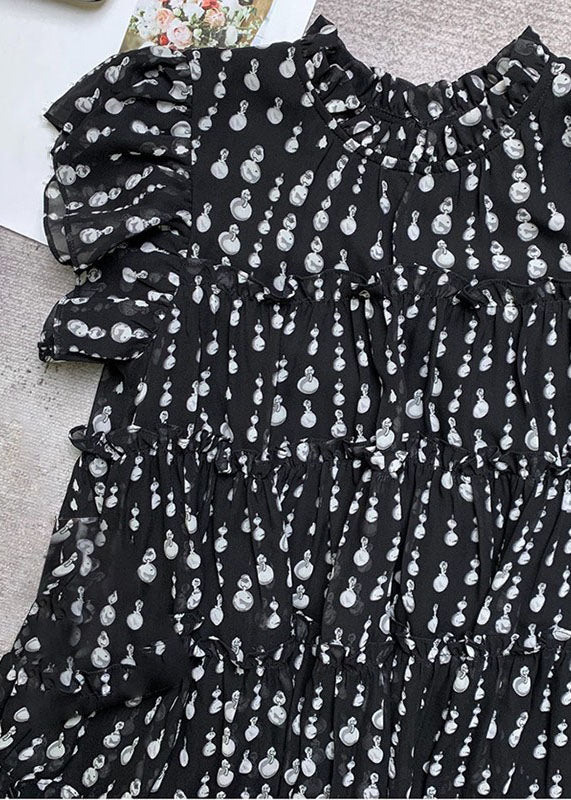 Women Black O-Neck Ruffled Patchwork Dot Print Long Dress Short Sleeve VB1055