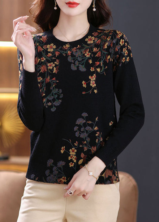 Haut en laine noir à col rond et imprimé zircon pour femme, printemps TB014