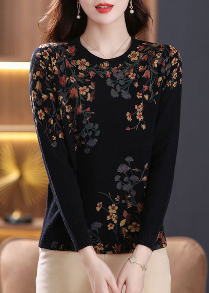 Frauen Schwarz O Neck Zirkon Print Wolle Stricken Top Frühling TB014