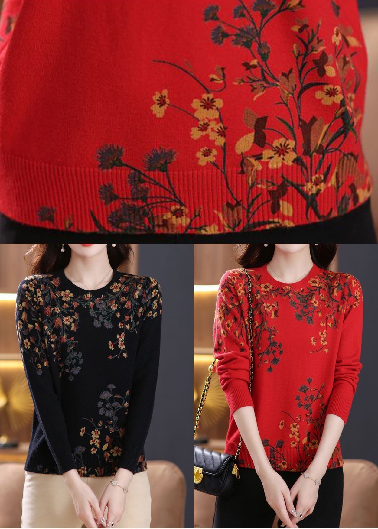 Frauen Schwarz O Neck Zirkon Print Wolle Stricken Top Frühling TB014