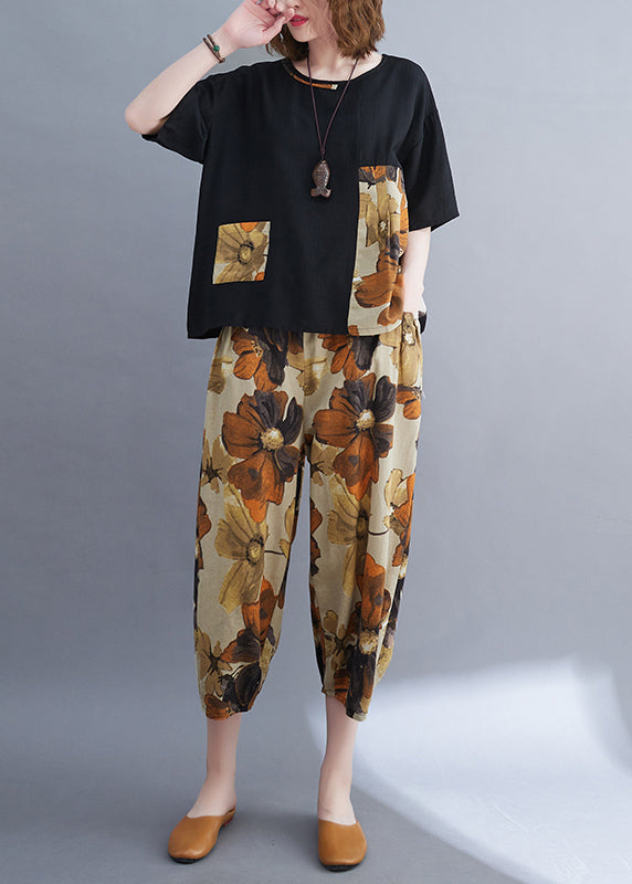Cotton Black Summer Set Two-Piece Patchwork Women Oversized