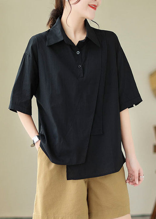 Collar Cotton Black Women Top Peter Pan Asymmetrical Design