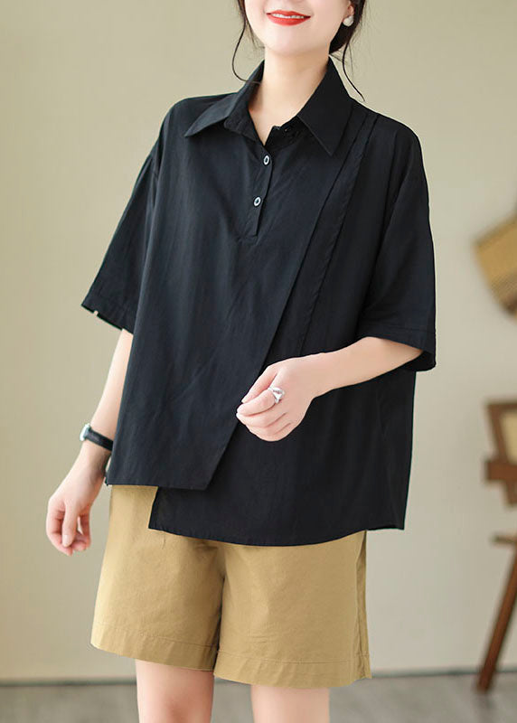 Collar Cotton Black Women Top Peter Pan Asymmetrical Design