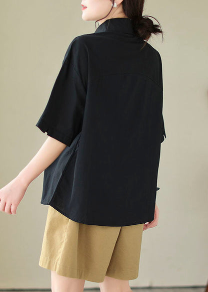 Collar Cotton Black Women Top Peter Pan Asymmetrical Design