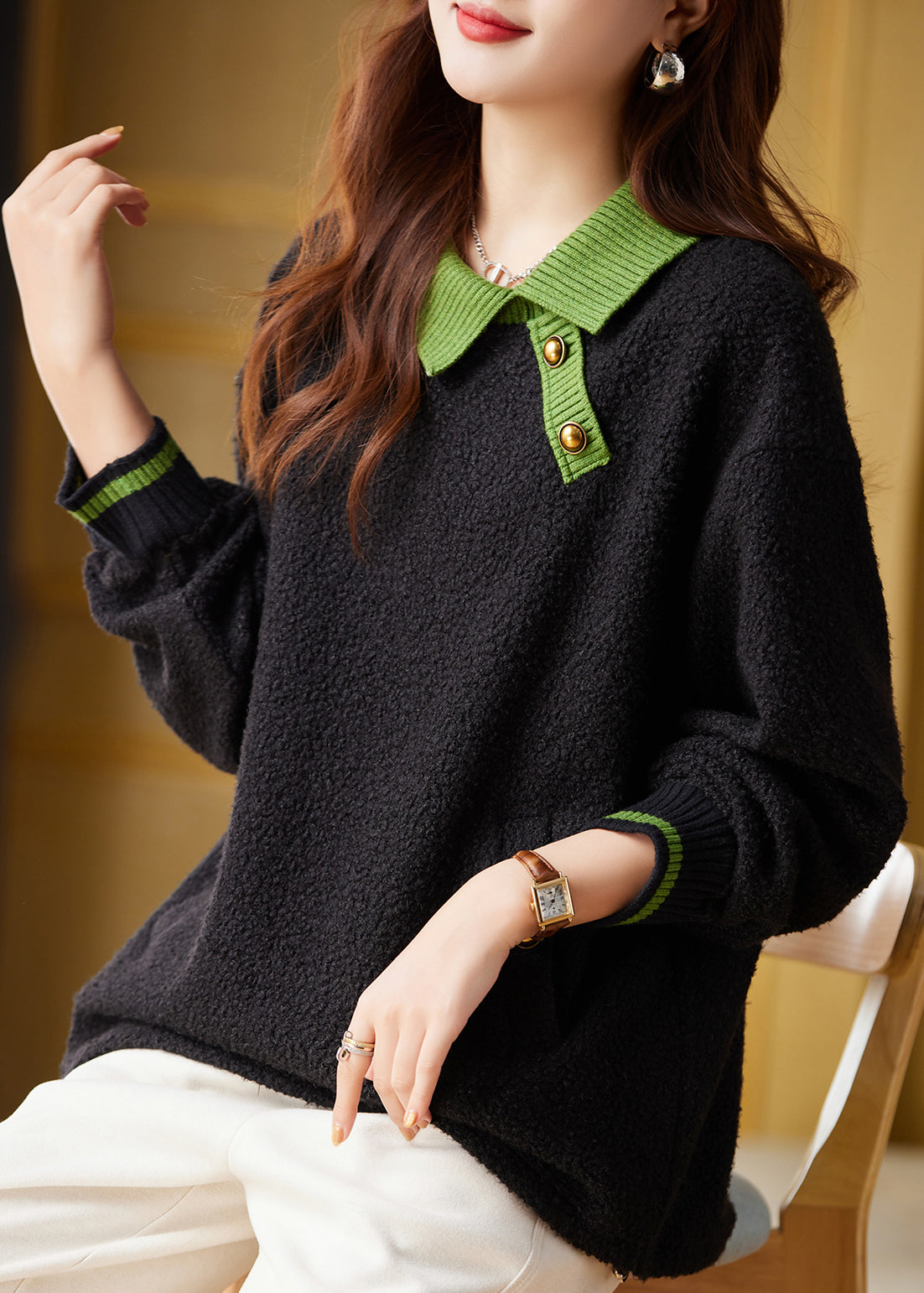 Women Black Peter Pan Collar Faux Fur Pullover Sweatshirt Fall QI039