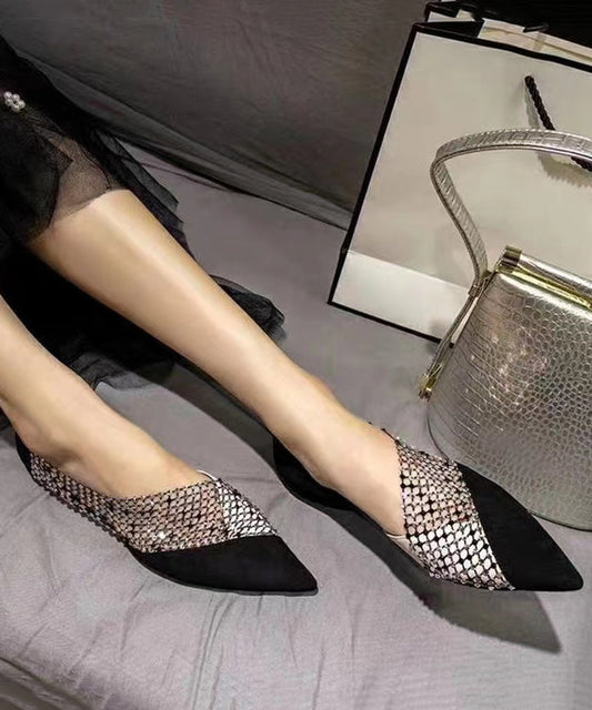 Women Black Pointed Toe Tulle Zircon Flat Shoes For RT1005