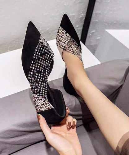 Women Black Pointed Toe Tulle Zircon Flat Shoes For AH569