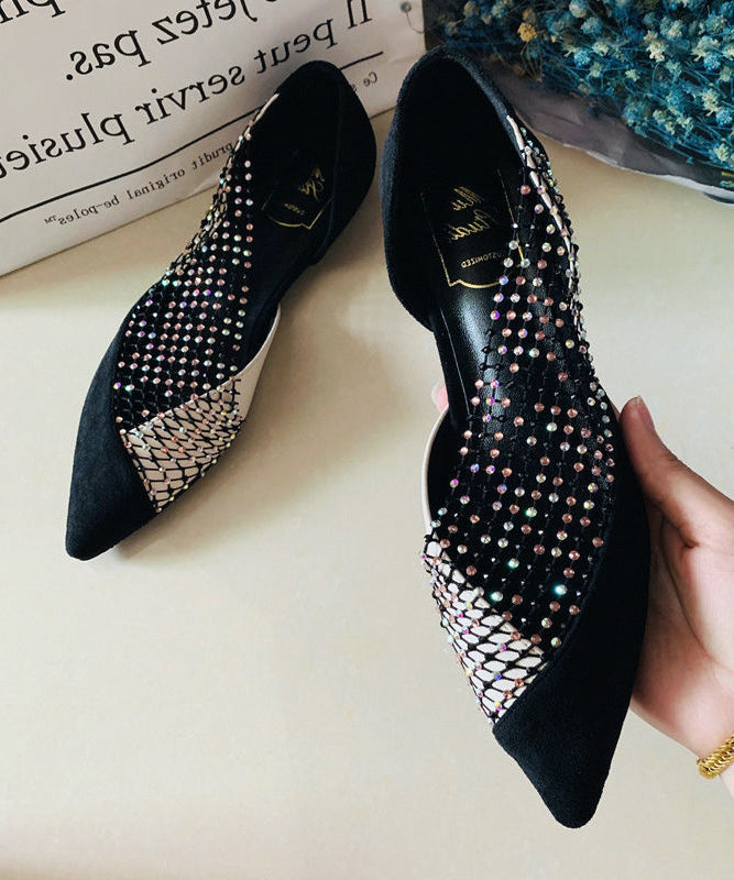 Women Black Pointed Toe Tulle Zircon Flat Shoes For RT1005