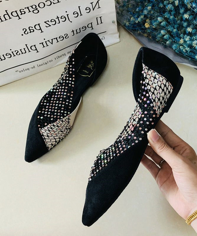 Women Black Pointed Toe Tulle Zircon Flat Shoes For AH569