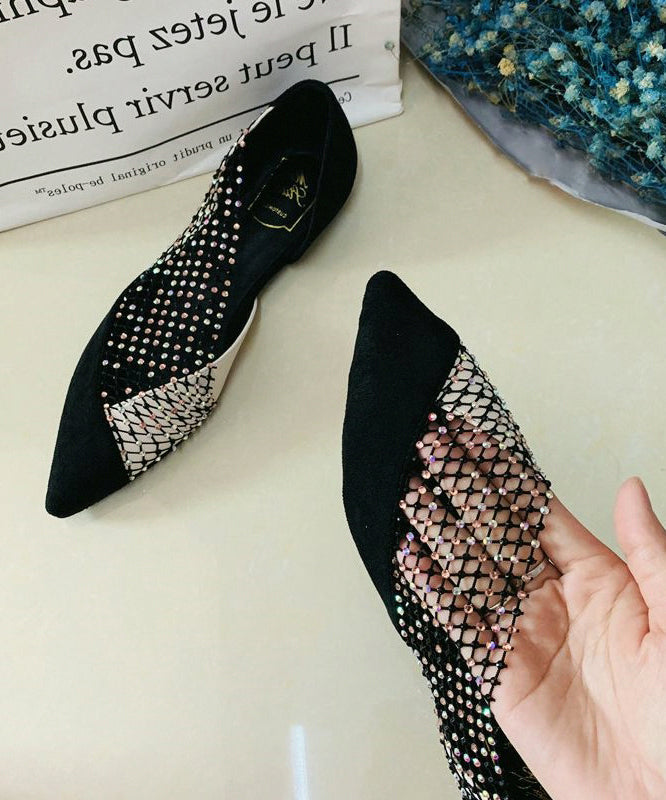 Women Black Pointed Toe Tulle Zircon Flat Shoes For AH569