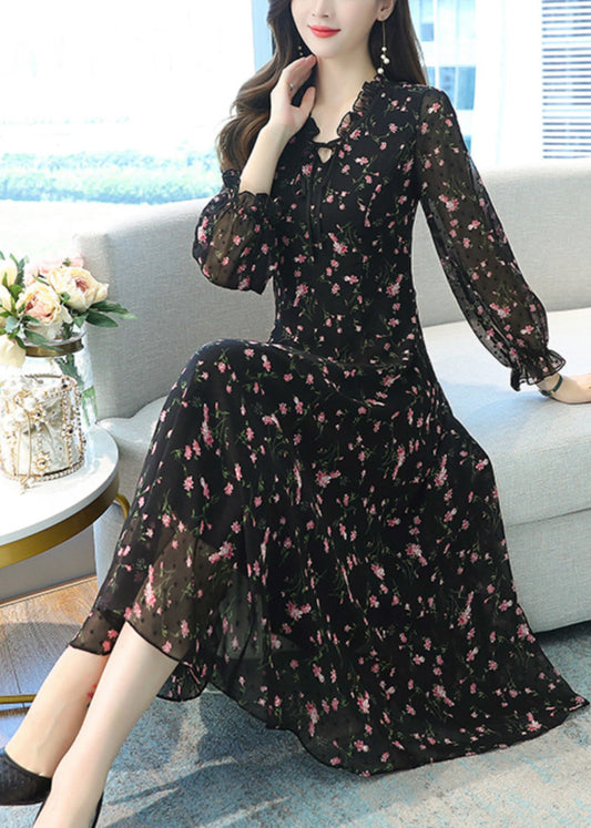 Women Black Ruffled Print Chiffon Long Dress Spring OO022