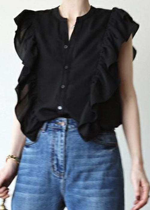 Women Black Ruffled Solid Button Silk Vest Sleeveless Ada Fashion