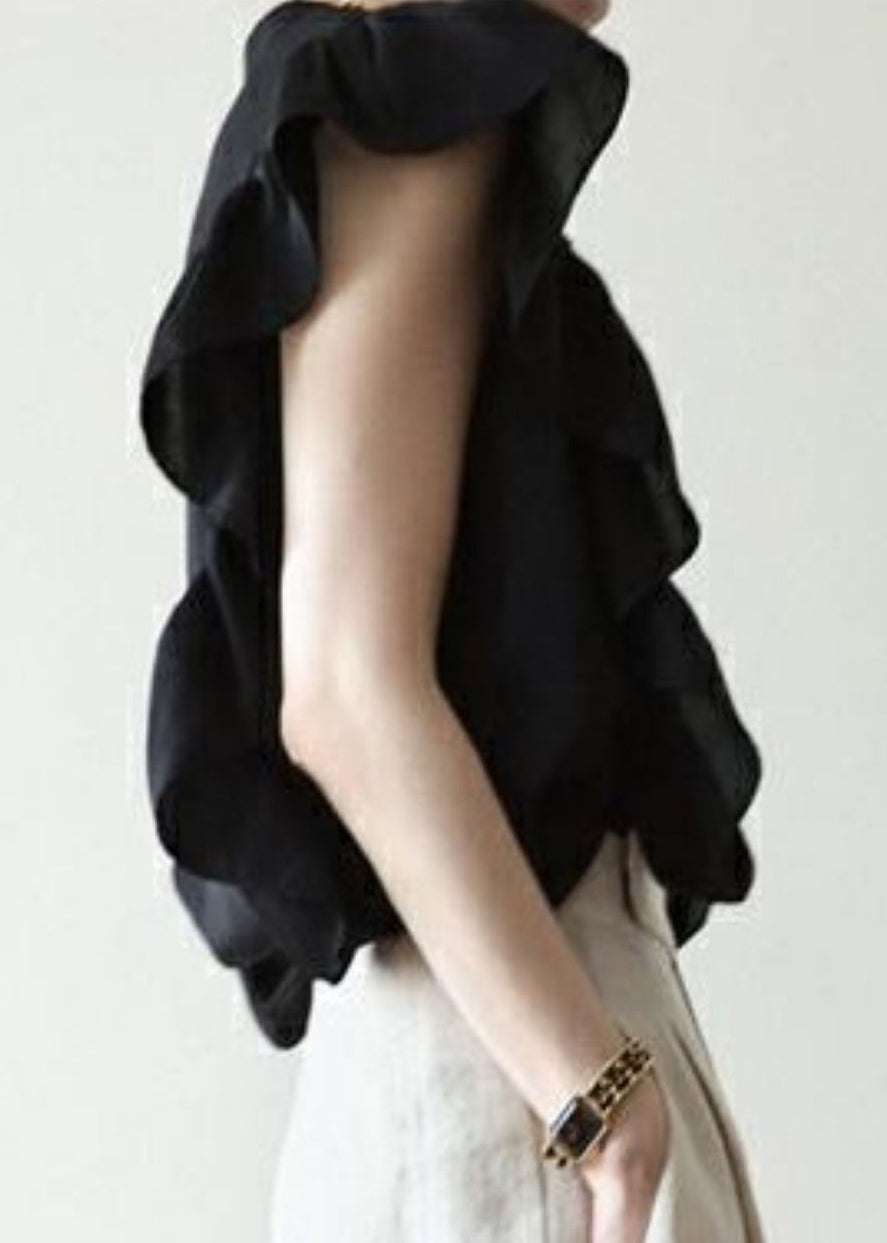 Women Black Ruffled Solid Button Silk Vest Sleeveless Ada Fashion