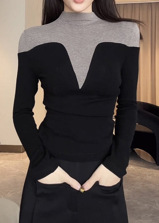 Frauen Schwarz Stehkragen Patchwork Baumwolle Tops Frühling YP014