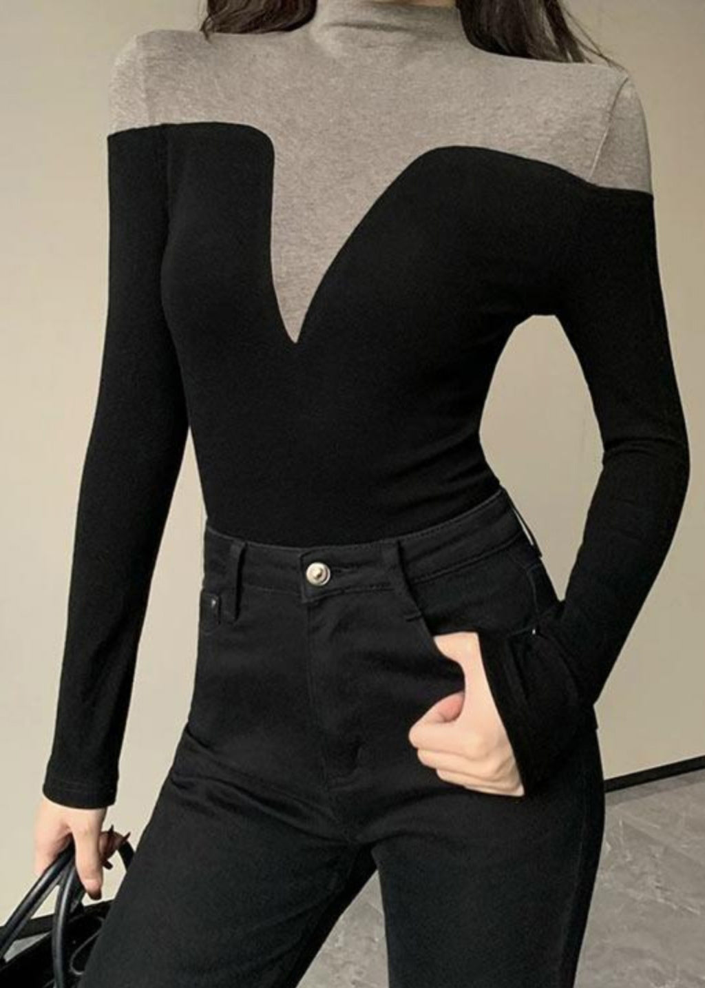 Frauen Schwarz Stehkragen Patchwork Baumwolle Tops Frühling YP014