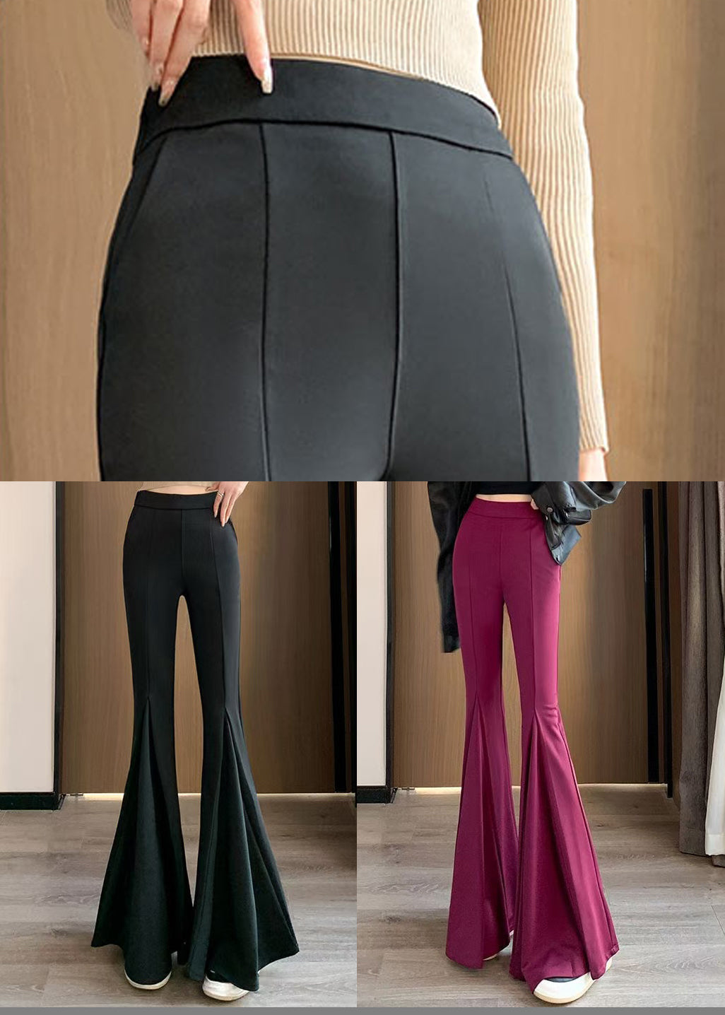 Damen Schwarze Schlaghose mit Bauchkontrolle, Spandex, Frühling, YP003
