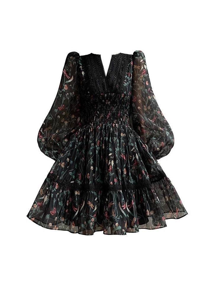 Frauen Schwarz V-Ausschnitt Print Spitze Patchwork Chiffon Kurzes Kleid Langarm XX094