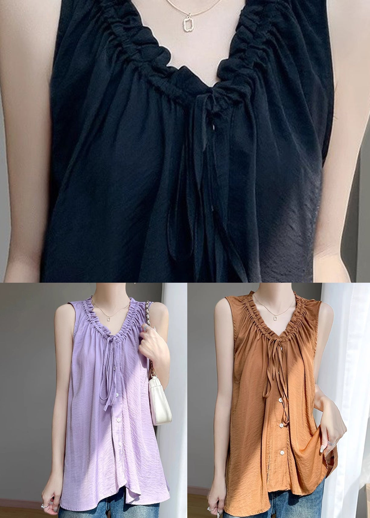Button Summer Cotton Ruffled Black Neck Women V Blouse